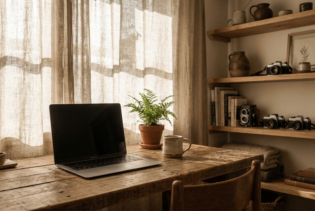 Bureau minimaliste avec ordinateur portable et plante